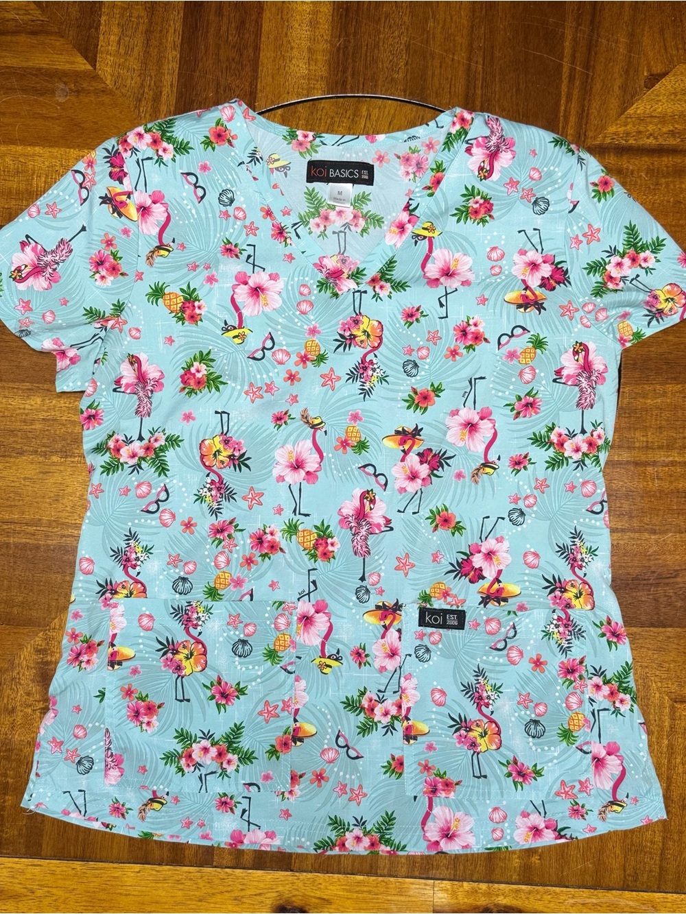 koi Women's Aqua Floral & Flamingo Print Scrub Top